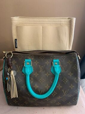 LOUIS VUITTON Speedy 25 Brown Monogram Tote Boho Custom Painted Turquoise